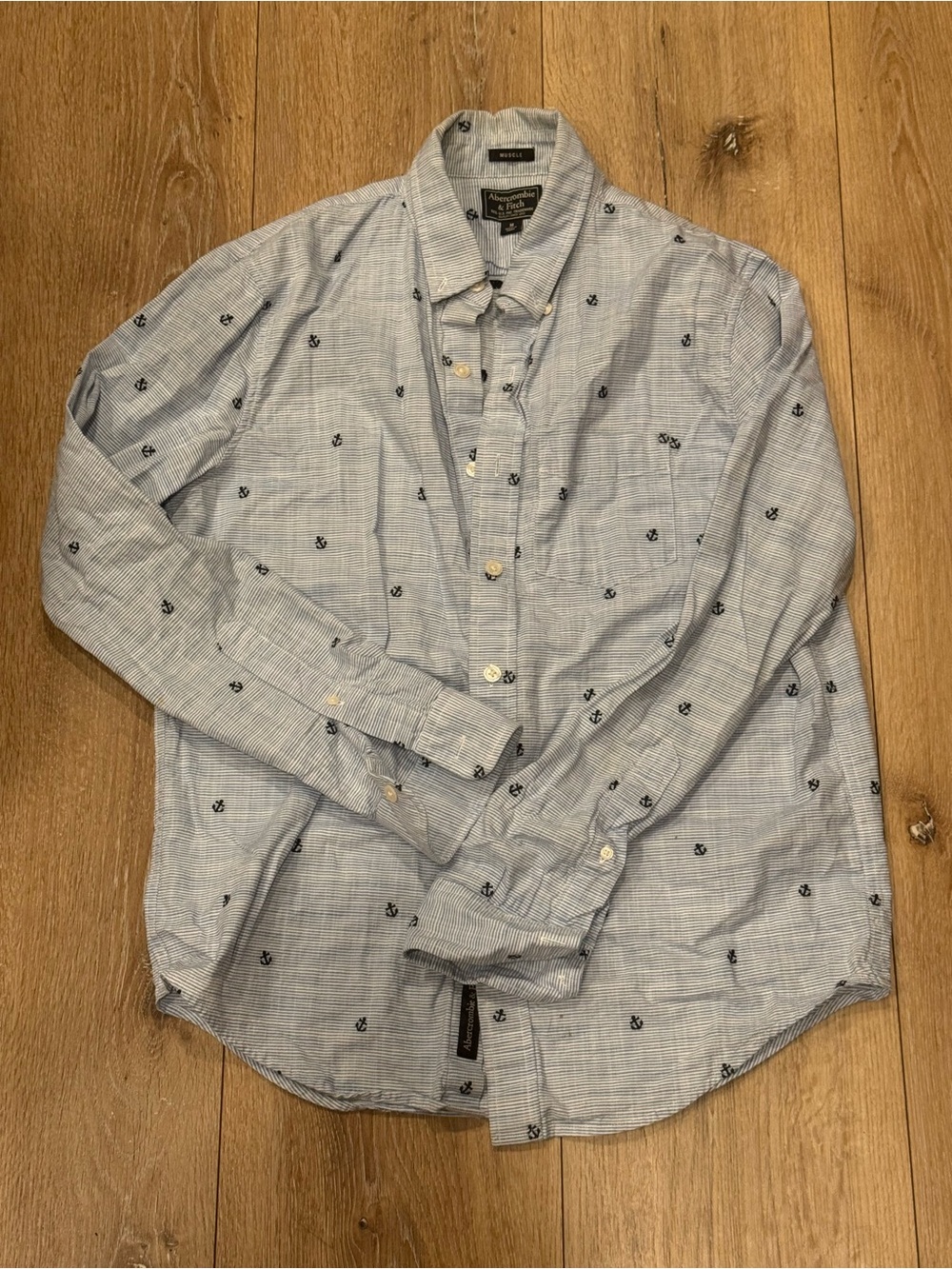 Abercrombie & Fitch Men's Blue Striped Button-Up Shirt / anchor print - Medium